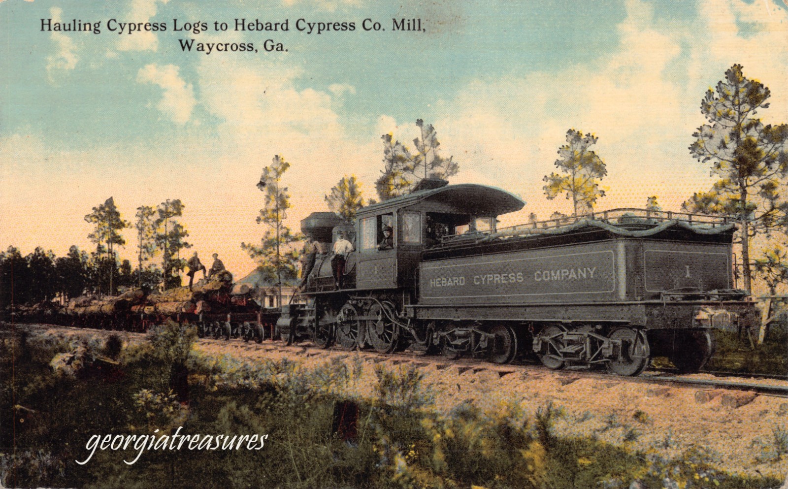 GA~GEORGIA~WAYCROSS~RAILROAD HAULING CYPRESS LOGS TO HEBARD CYPRESS MILL~1910 *