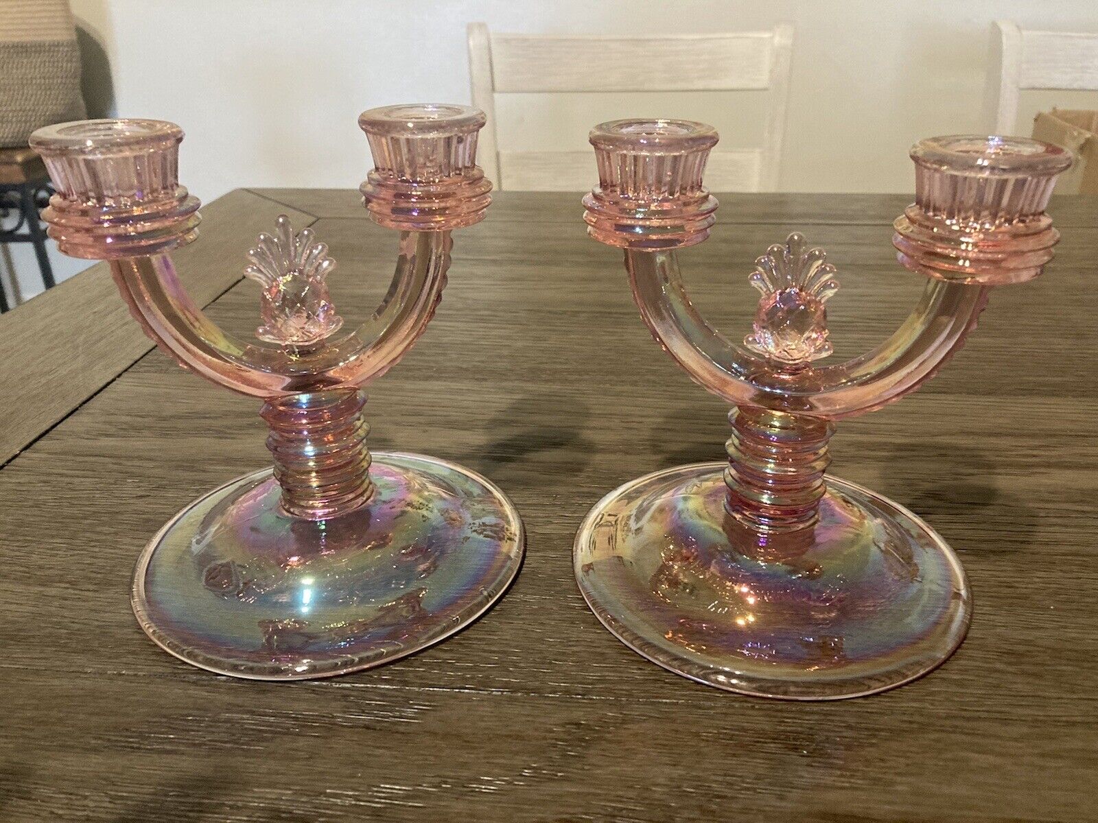 Fenton Lead Crystal Two Taper Candlestick Candelabra Pair Pink Iridescent