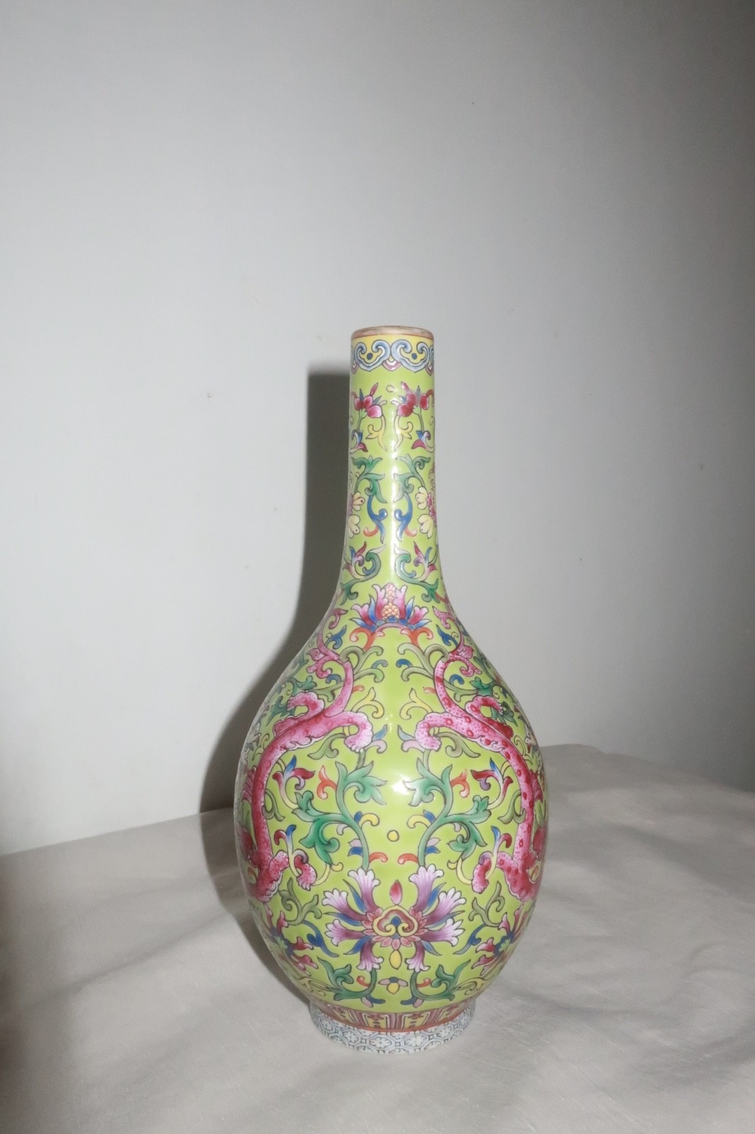 Antique Chinese Famille Rose Lime Green Ground Dragon Vase Qianlong Seal Mark