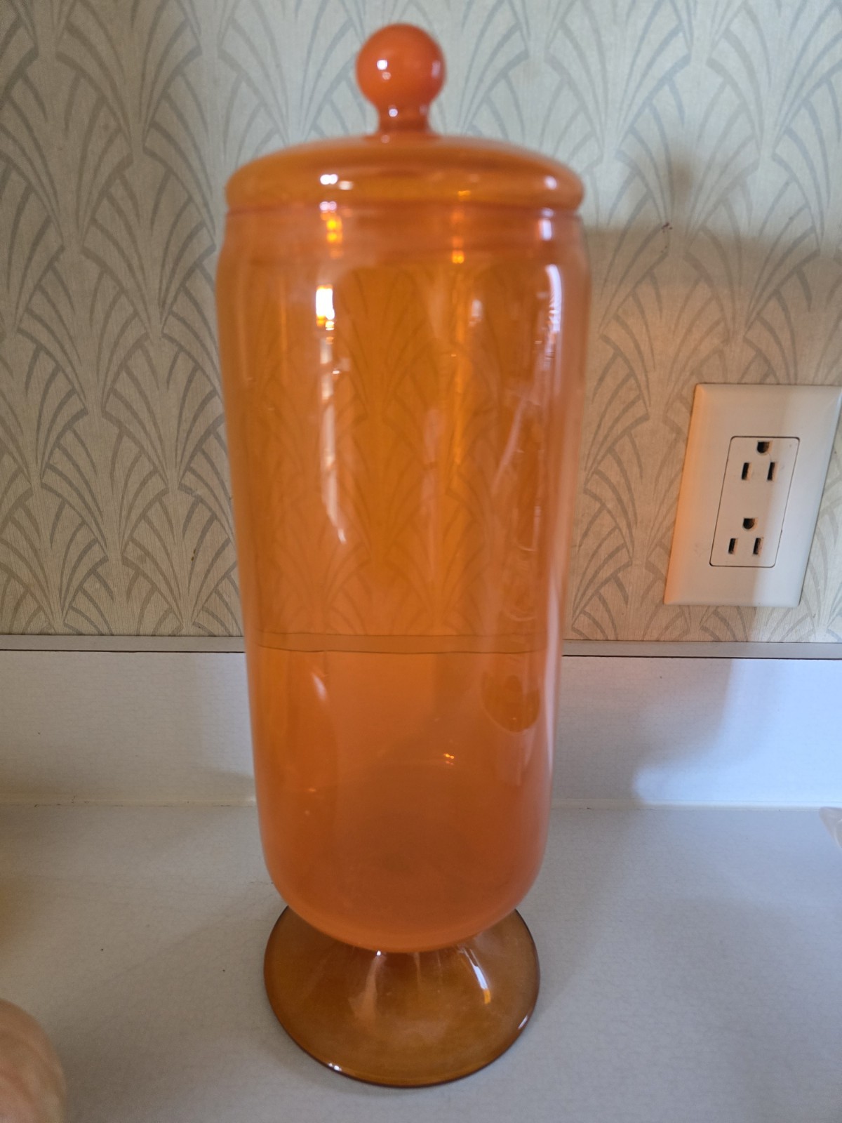 Vintage Blinko Tangerine Art Glass Footed Decanter With Lid. MCM. Vintage Blinko Tangerine Art Glass Footed Decanter With Lid. MCM.