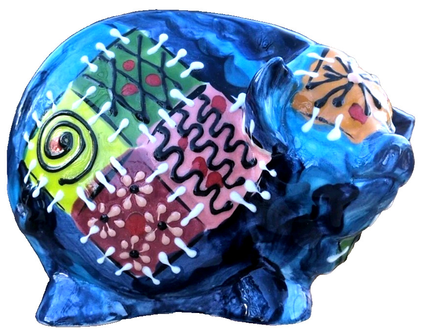 VTG Anatoly TUROV Art Pig Ceramics Hand Painted Patchwork FarmhouseSigned