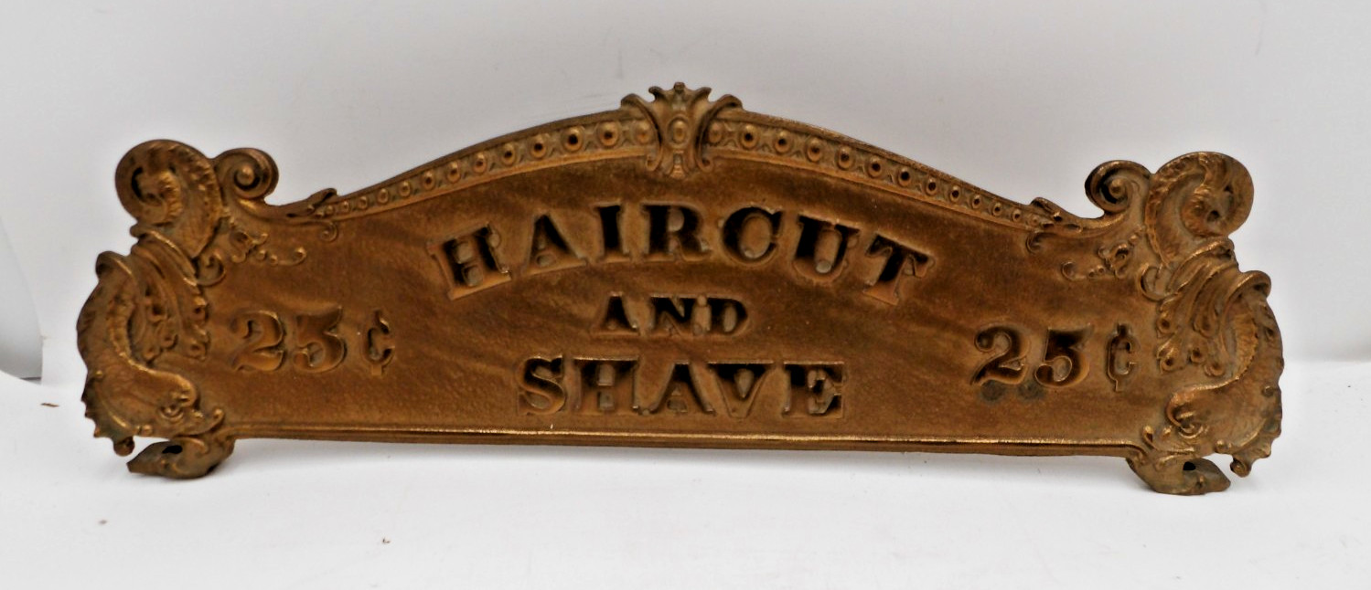 Orig VTG HAIRCUT And SHAVE 25 Cents Plaque Solid Brass Barber Shop Koi Fish