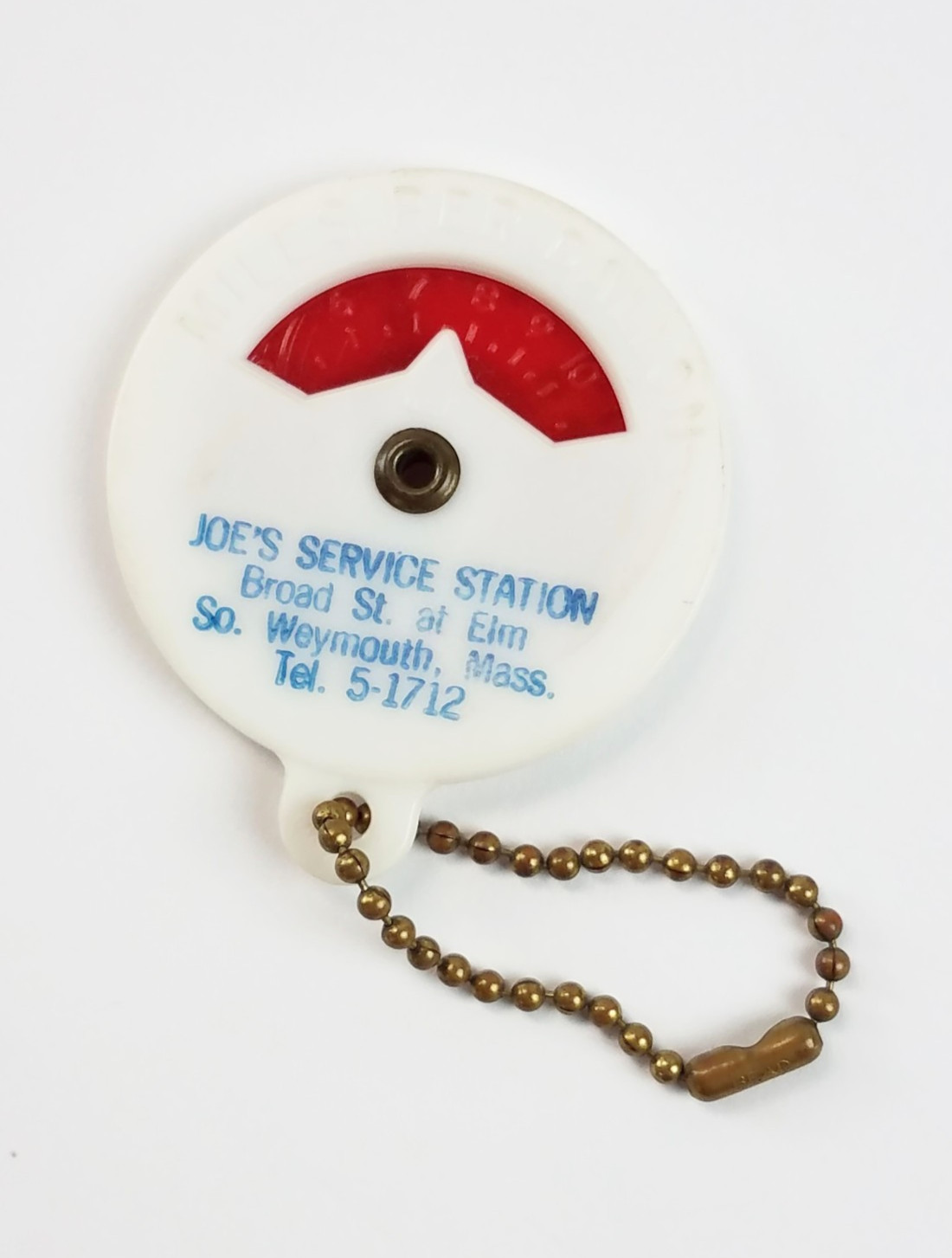 RARE Vtg 1950s Joe\'s Gas Service Station Mileage MPG Adv Keychain S. Weymouth MA