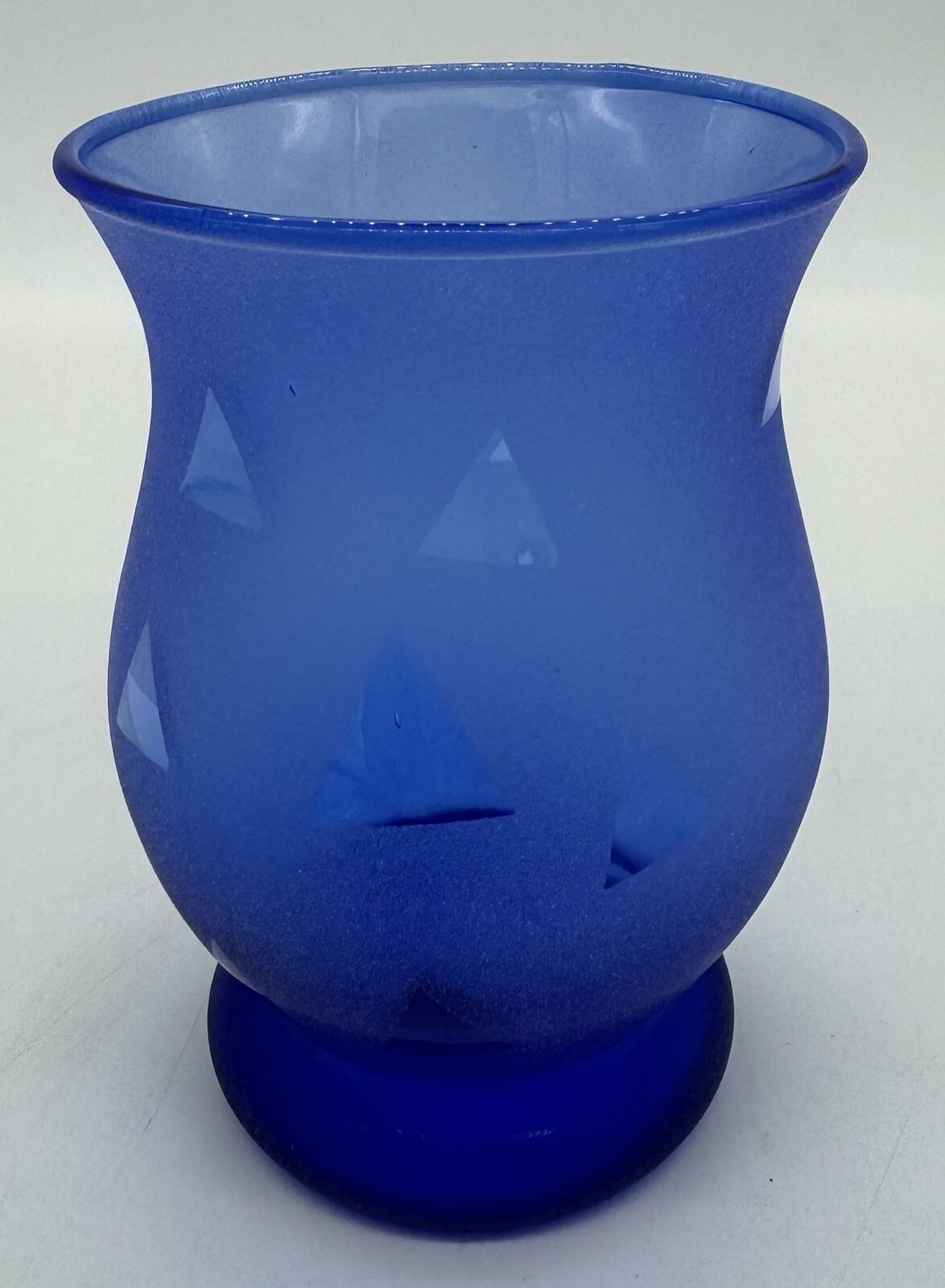 Cobalt Frosted Blue Glass with Triangle Design Candleholder /  Vase 4.5”