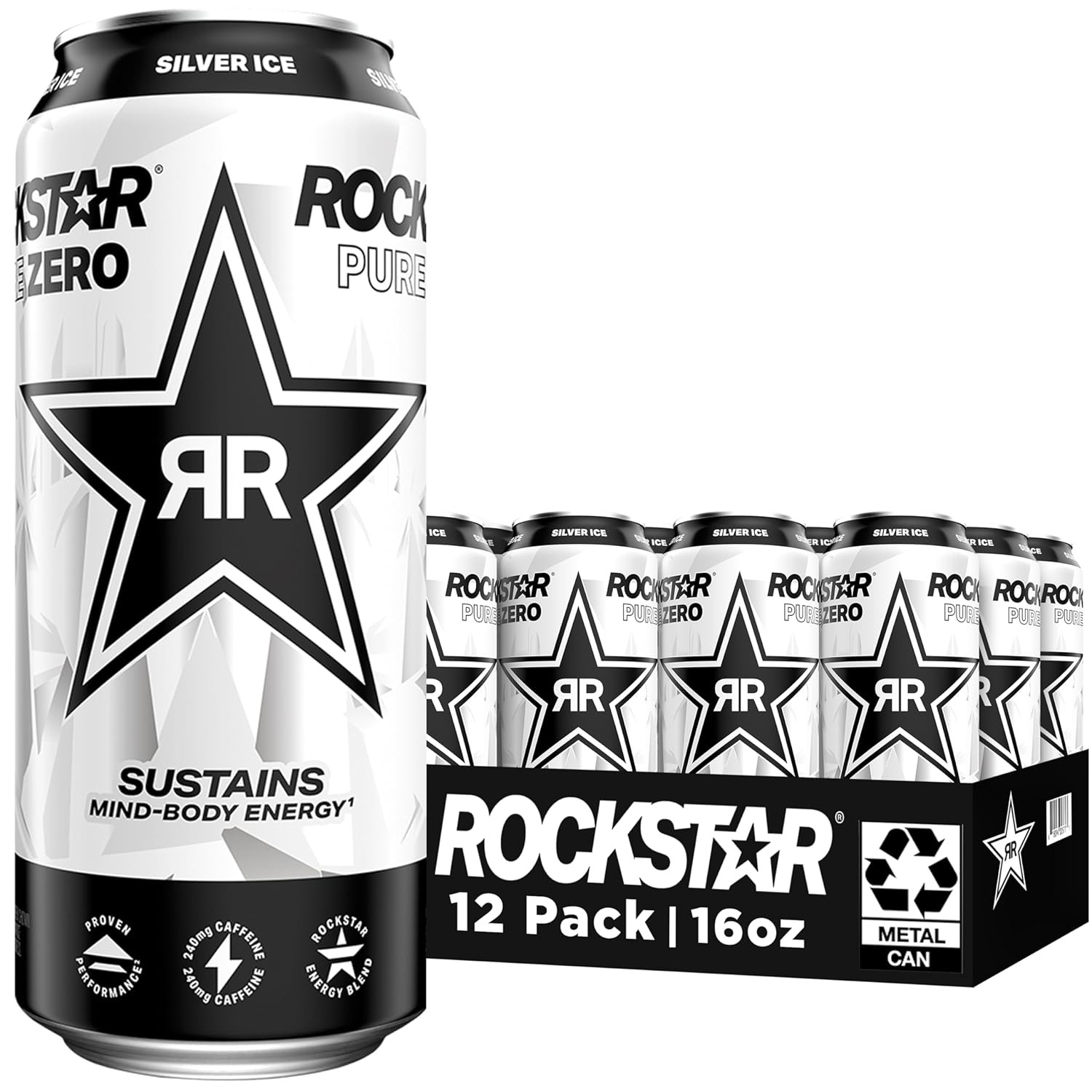 Rockstar Pure Zero Energy Drink Zero Sugar with Caffeine Taurine Silver Ice