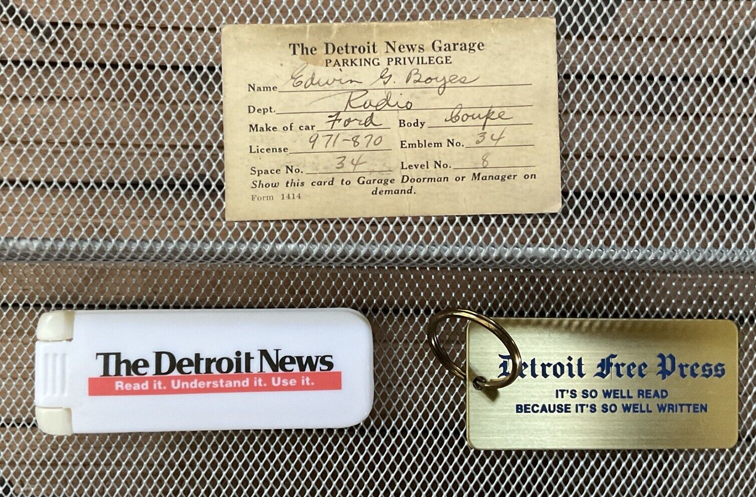 Vtg Detroit Free Press News - Keychain, Brush & Antique Garage Parking Card