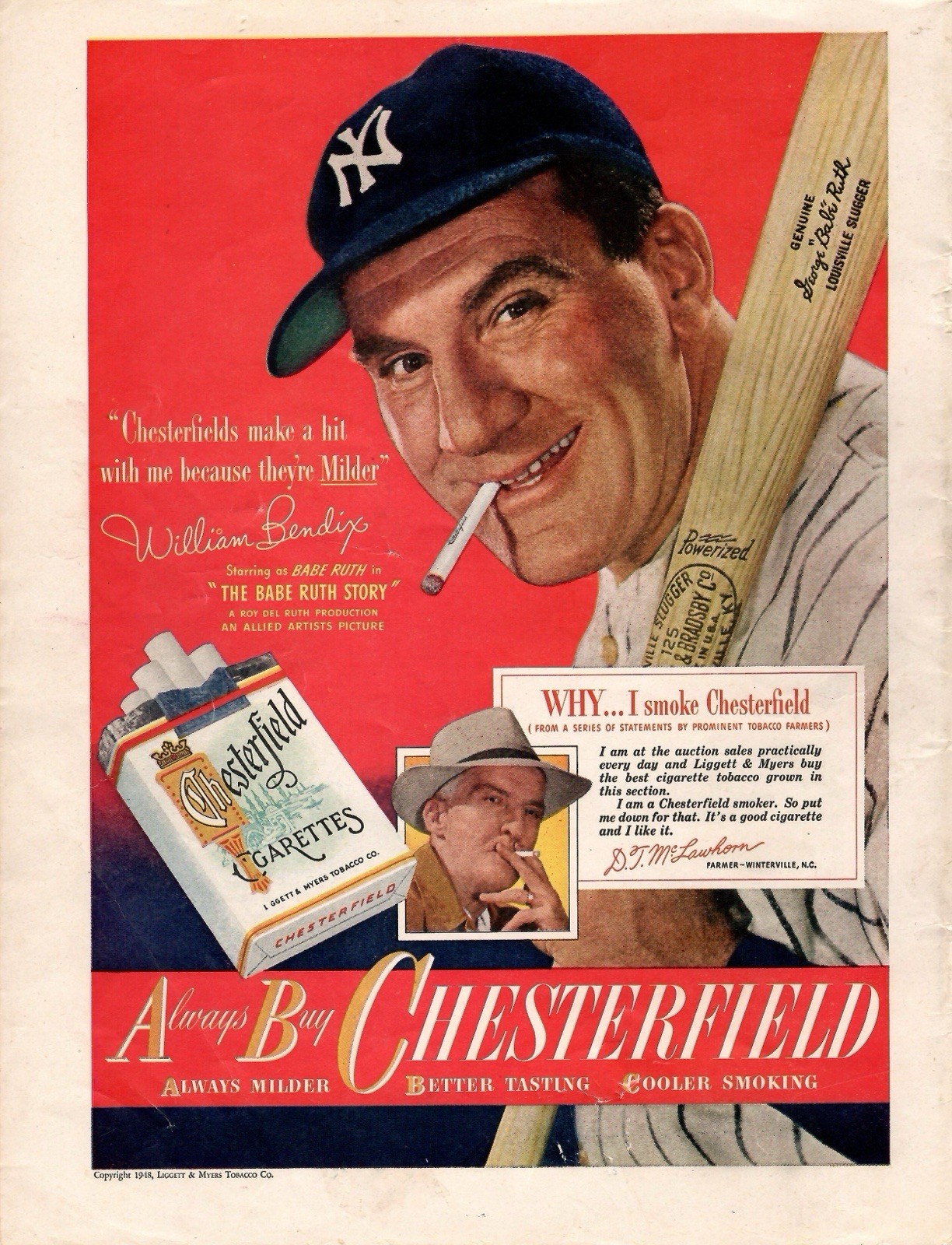 1948 Print Ad Chesterfield Cigarettes Actor William Bendix as Babe Ruth Yankees