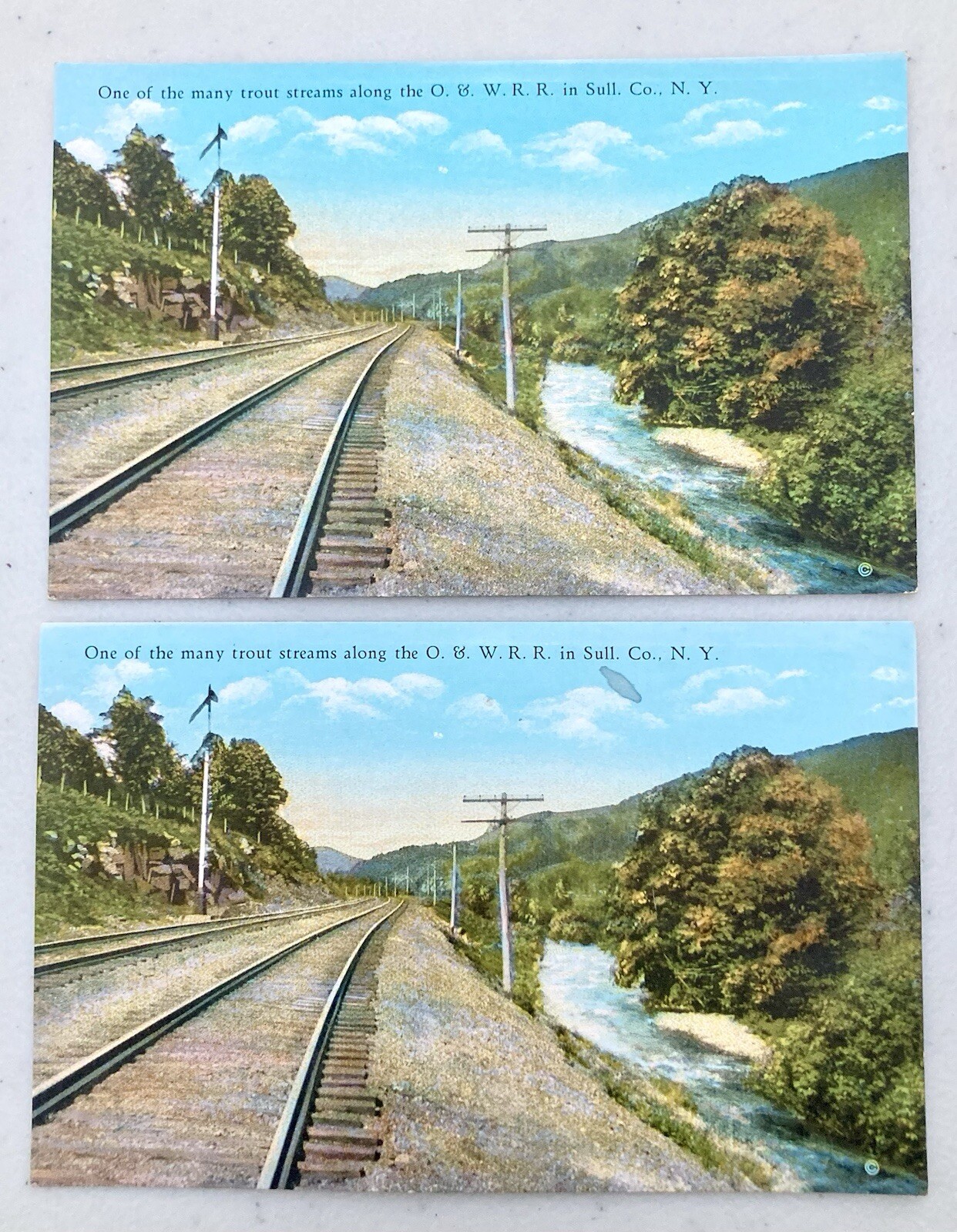 2 VINTAGE SULLIVAN COUNTY NY TROUT STREAM ALONG O&W RR RAILROAD POSTCARDS SUPERB