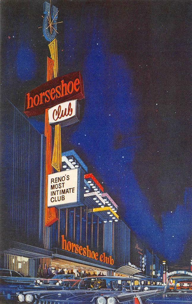 RENO\'S HORSESHOE CLUB Nevada Casino Night Scene c1950s Art Vintage Postcard