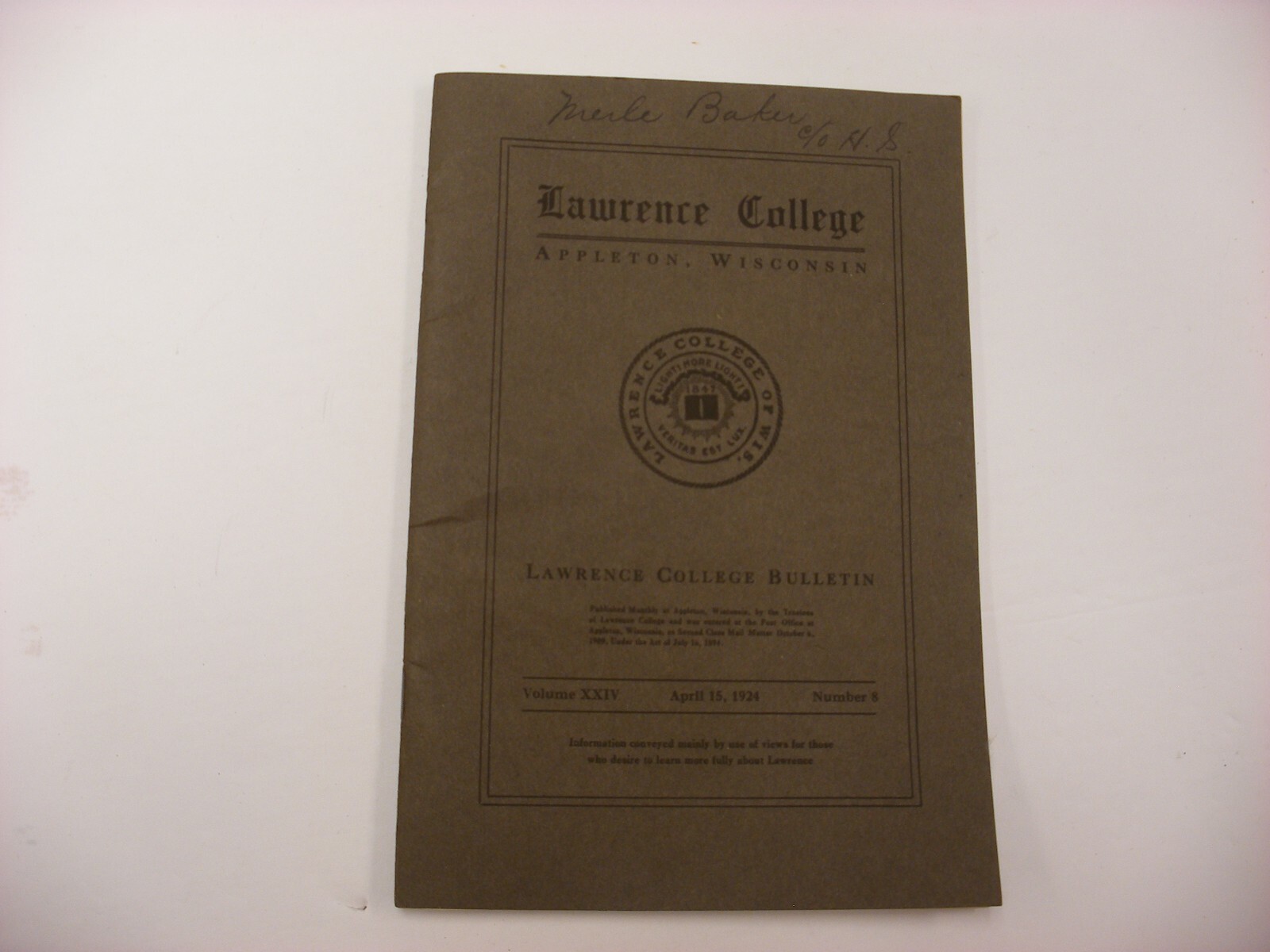 Vtg 1924 Lawrence Lawrence College Appleton Wisconsin WI Bulletin Vtg 1924 Lawrence Lawrence College Appleton Wisconsin WI Bulletin