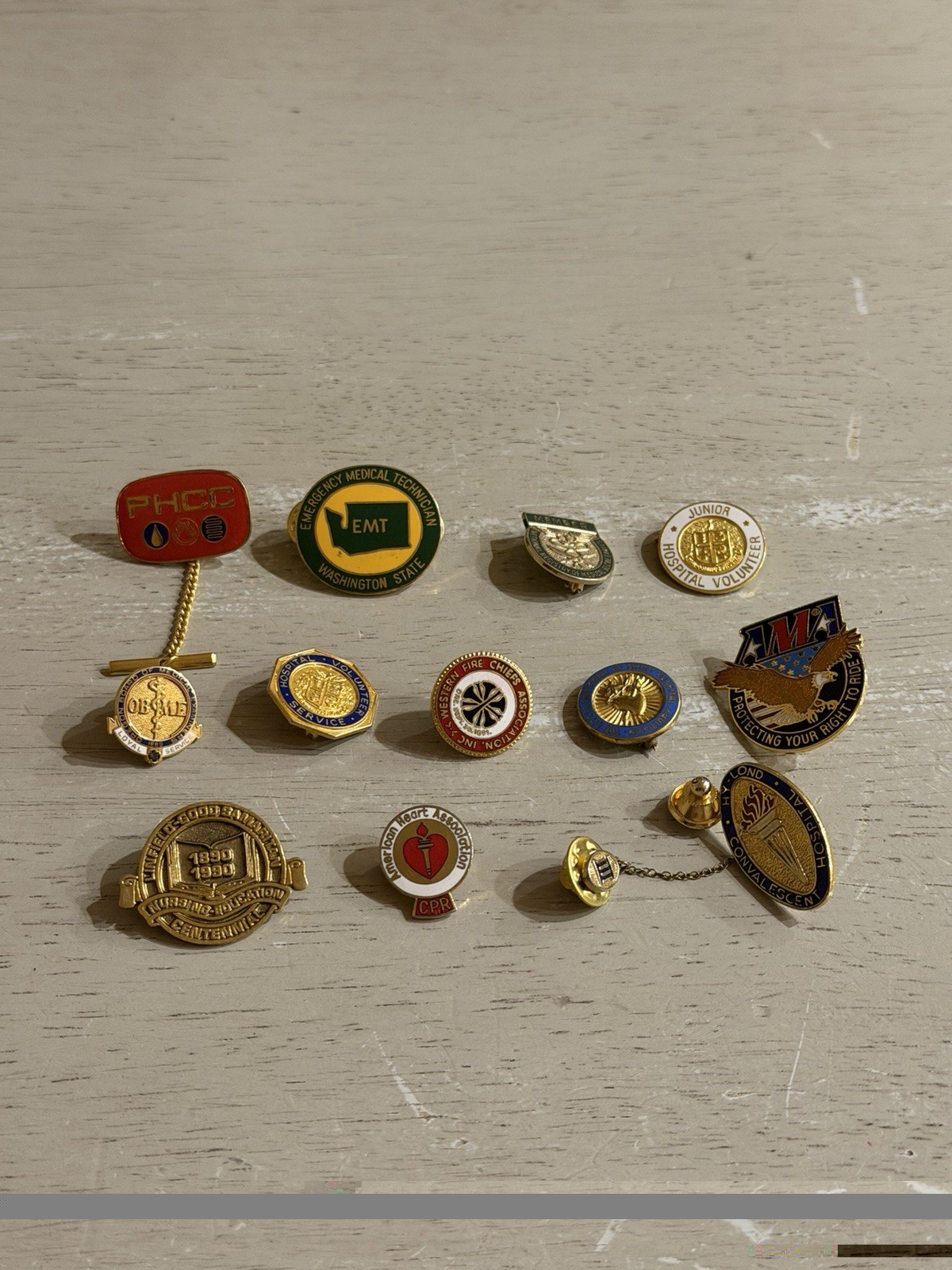 Lot of 12 Vintage Medical, Hospital, & Emergency Service Lapel Pins 10k GF Stone