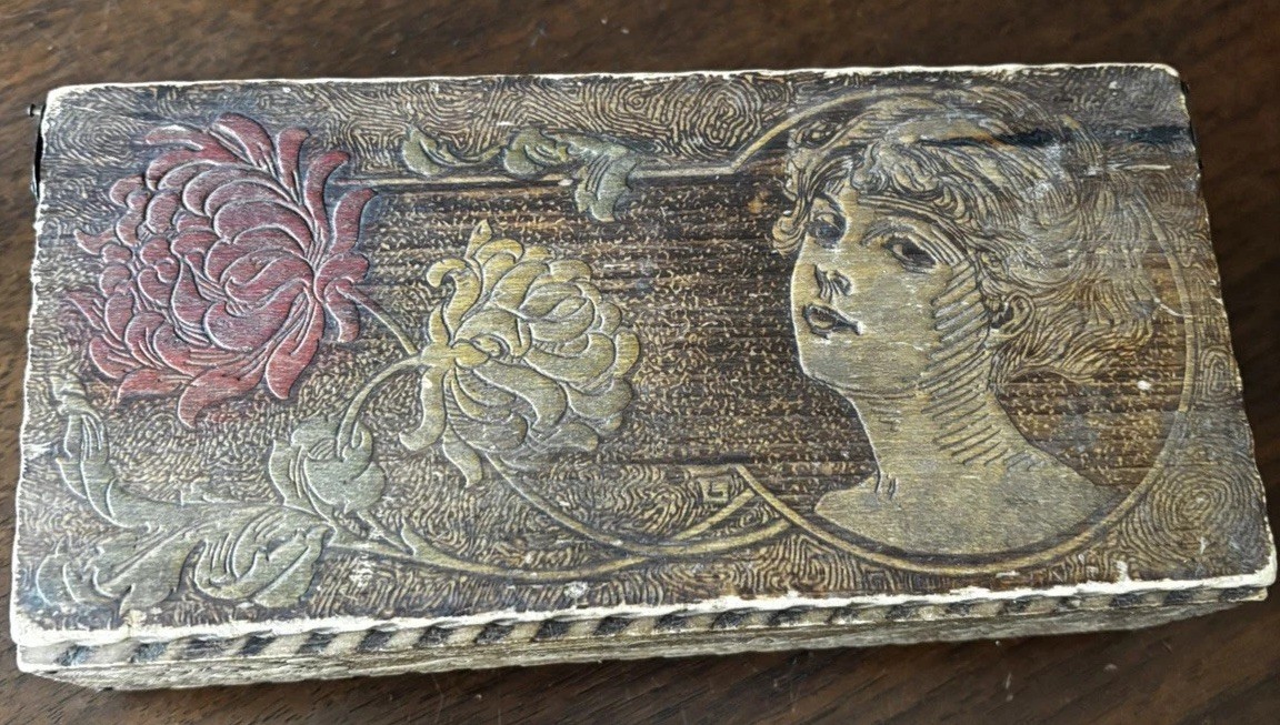 Antique Pyrography Glove Box Art Nouveau Lady Profile & Floral Motif Hinged