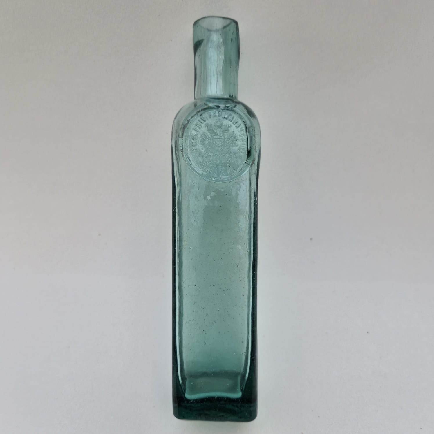 Antique F Drioli Zara Aqua Glass Bottle Applied Seal Double Eagle c1900