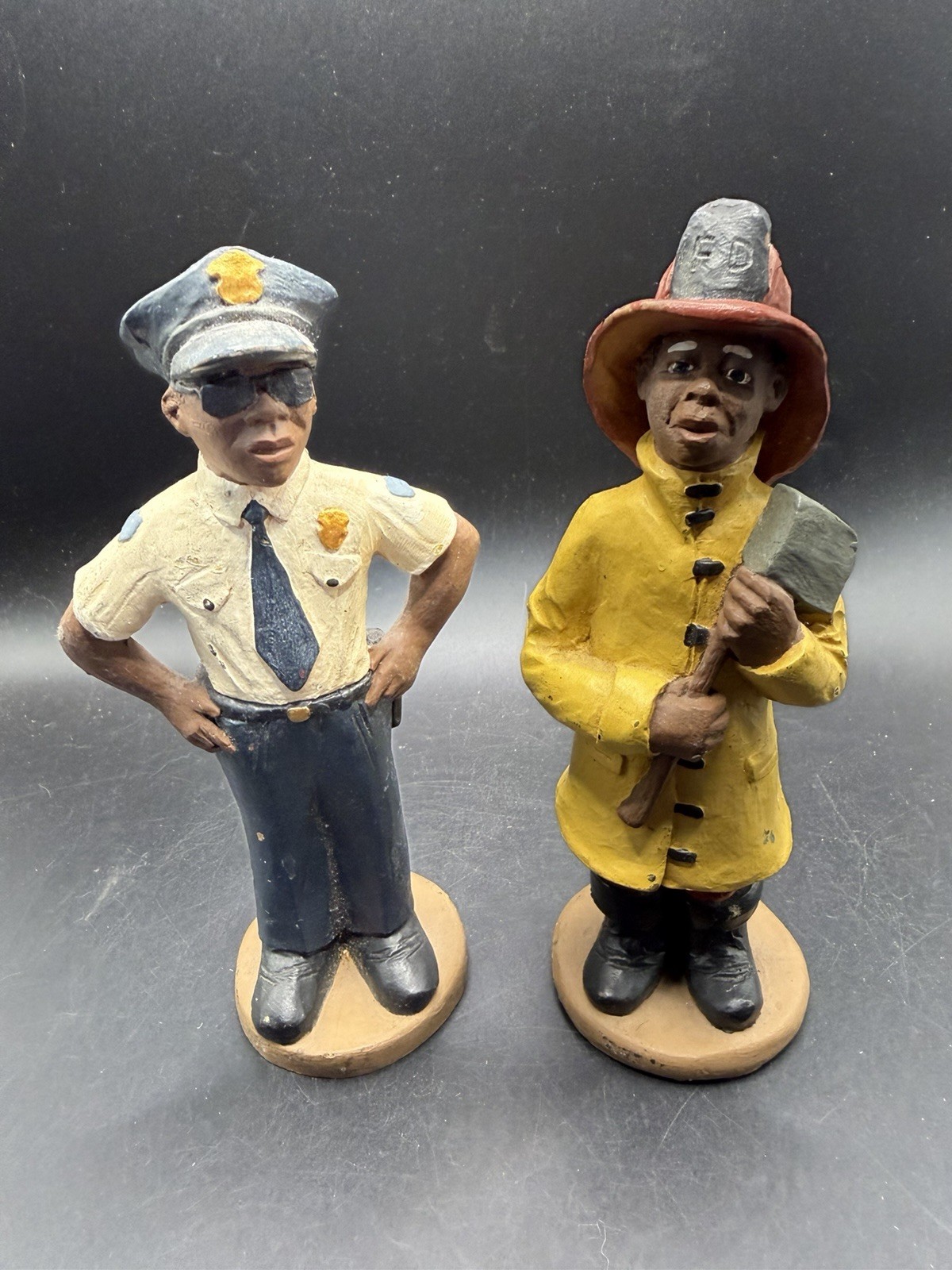 Vintage 1990 Black Firefighter & Police Officer Statues Figurines Signed JF90 