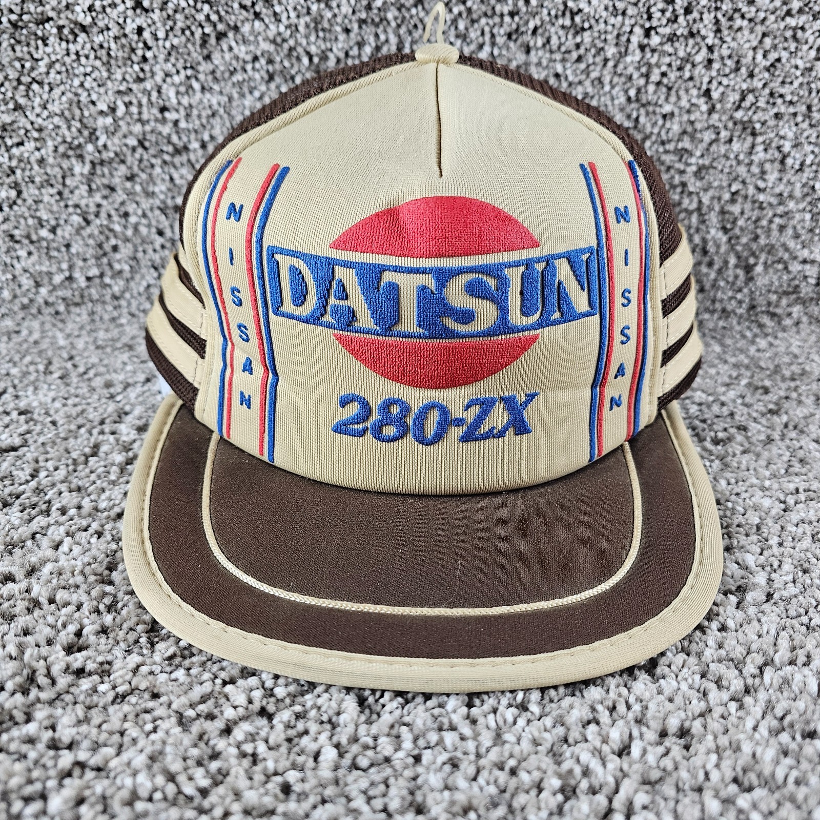 Vintage Datsun Trucker Hat Cap Snap Back 3 Stripe Mesh 280ZX Brown Tuner JDM 80s Vintage Datsun Trucker Hat Cap Snap Back 3 Stripe Mesh 280ZX Brown Tuner JDM 80s