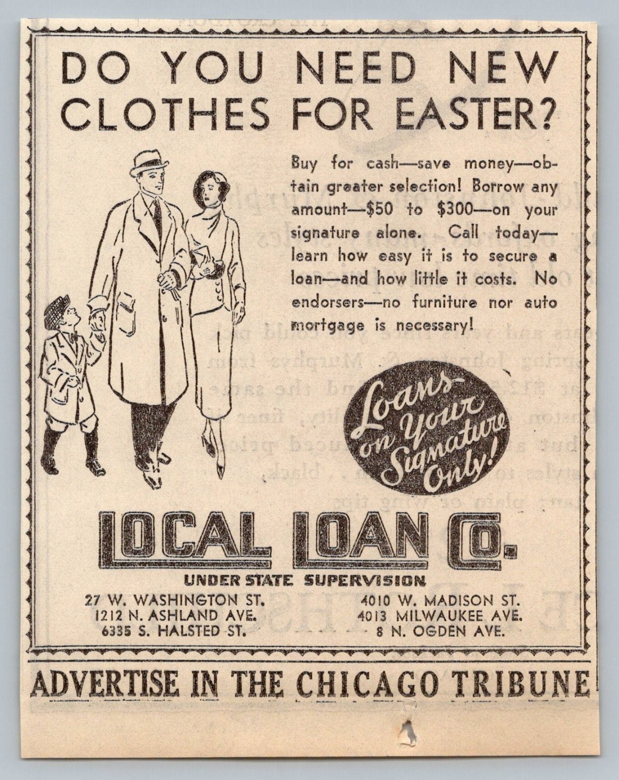 1931 Chicago Local Loan Co Easter Family Clothing Signature Loan Ad Ephemera