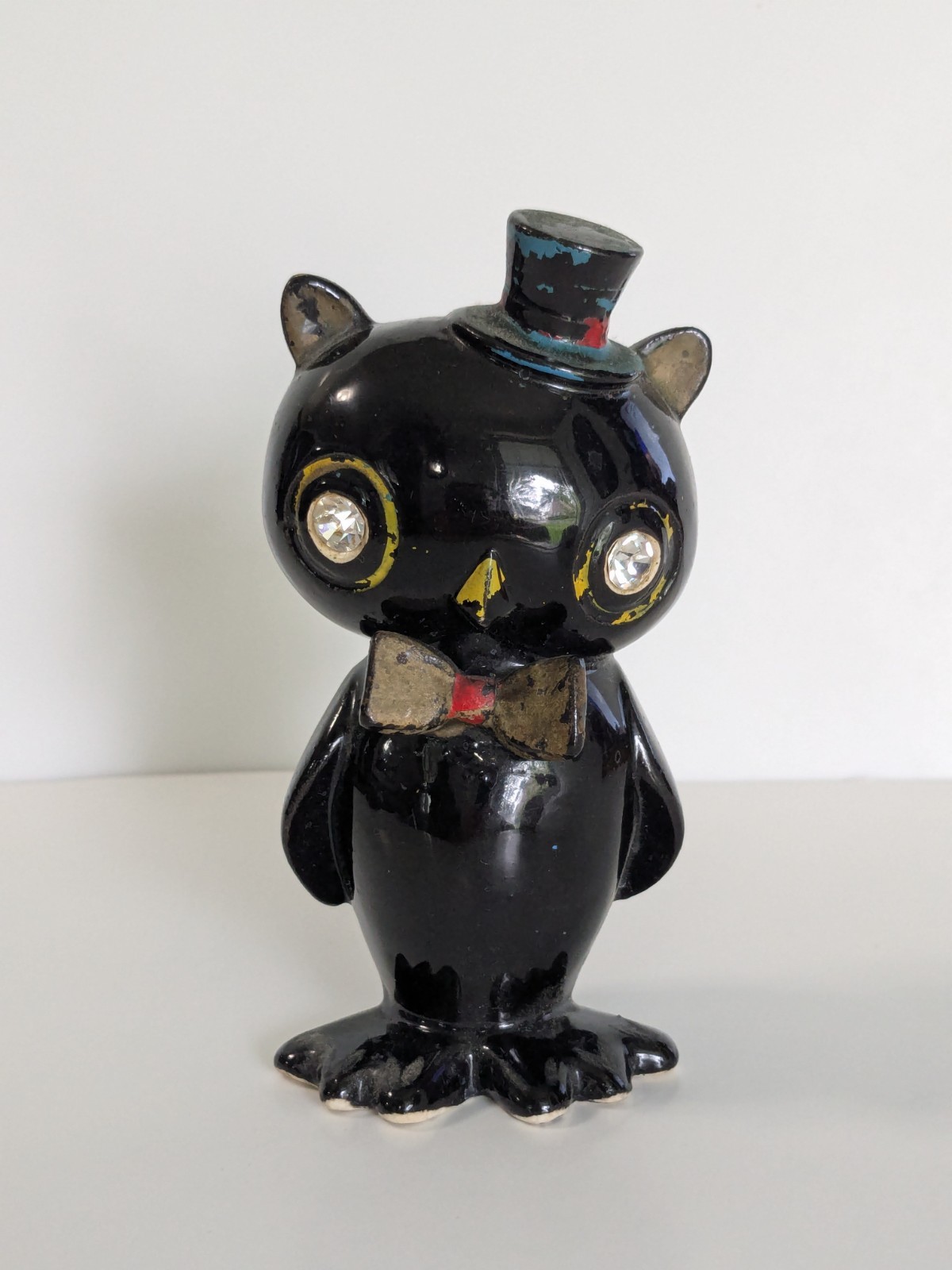 Vintage Black Owl Lefton Shaker with Rhinestone Eyes Detail 