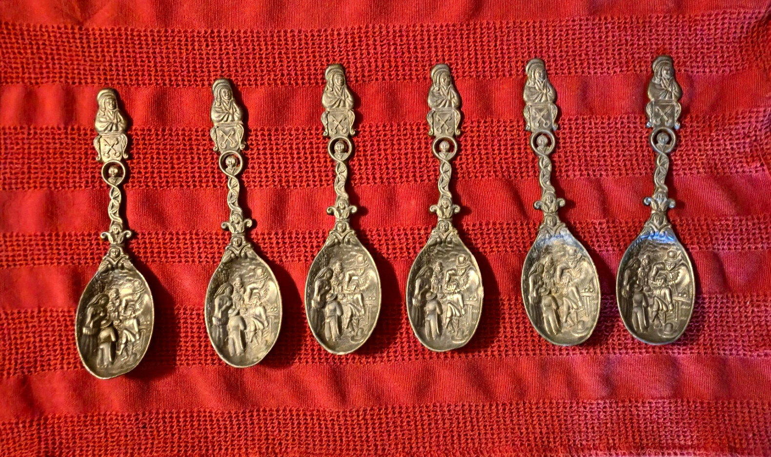 Lot of 6 Vintage 1950\'s Dutch Pewter Souvenir Spoons Jan Steen De Toothmaster