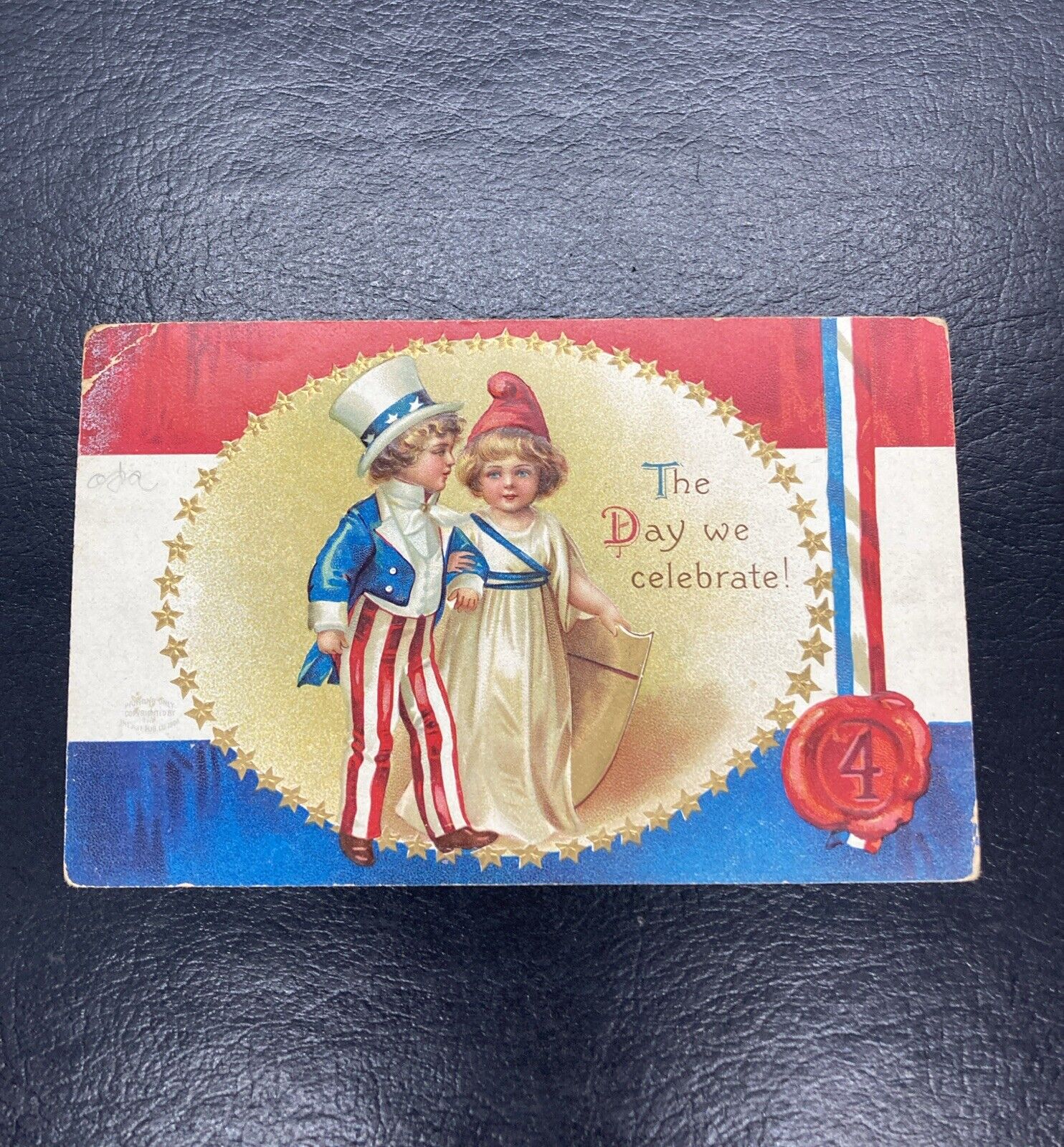 4th OF JULY UNCLE SAM LADY LIBERTY CHILDREN PATRIOTIC CLAPSADDLE POSTCARD As Is