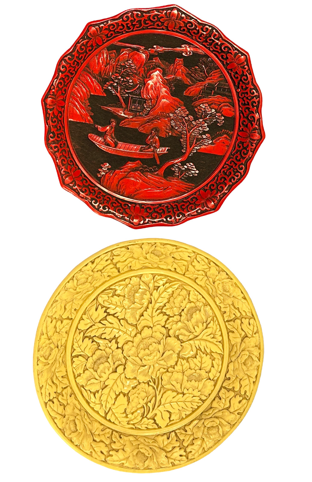 Pair of Faux (Red & White)Lacquer, Resin Cinnabar Asian Themed Decorative Plates Pair of Faux (Red & White)Lacquer, Resin Cinnabar Asian Themed Decorative Plates