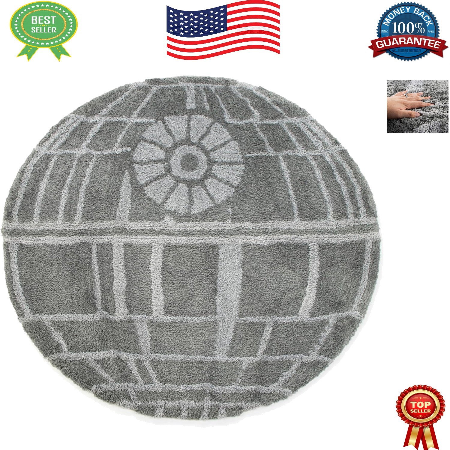 Fluffy Grey Star Wars Rug – 3x3 ft Death Star Design, Machine Washable & Fun