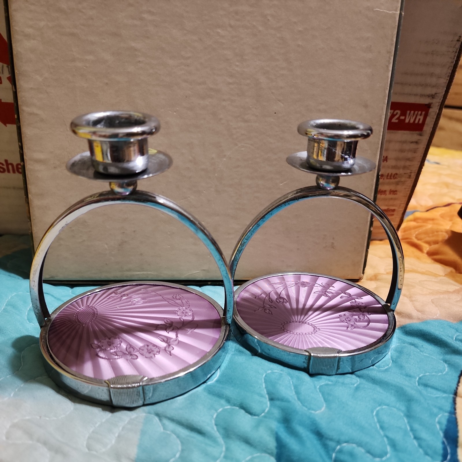 2 Vtg MCM Taper Candle Holders Silver Tone Metal pink Acrylic reflective design 