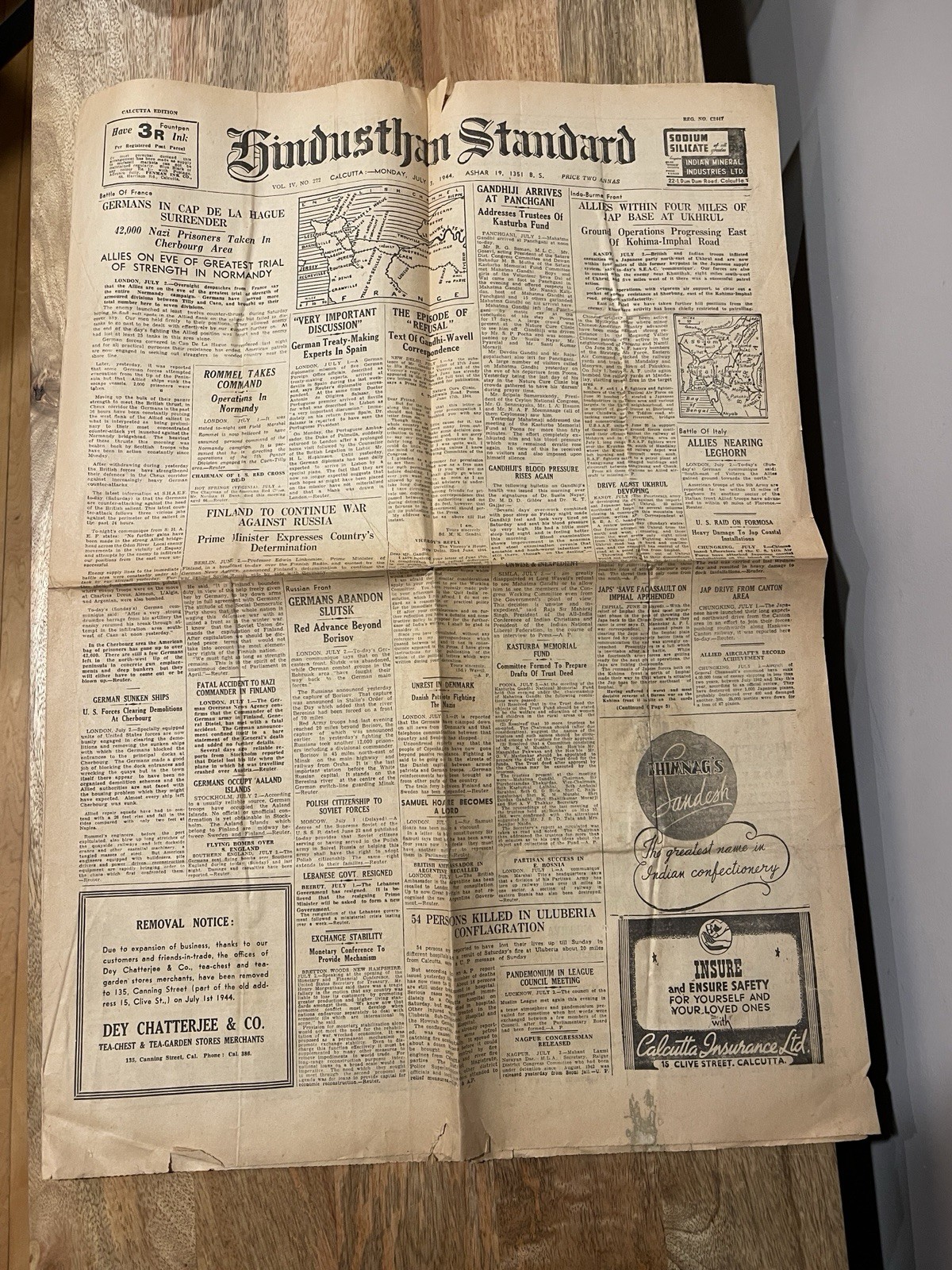 1944 July 3, WW2 Era HINDUSTAND STANDARD Germans Surrender, 4p Newspaper.