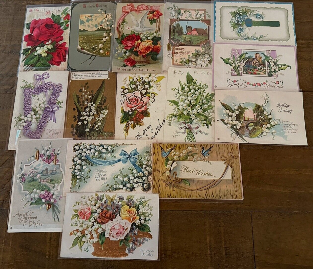 Pretty Lot of 15 Antique Greetings Postcards w. Lily of the Valley Flowers-h717