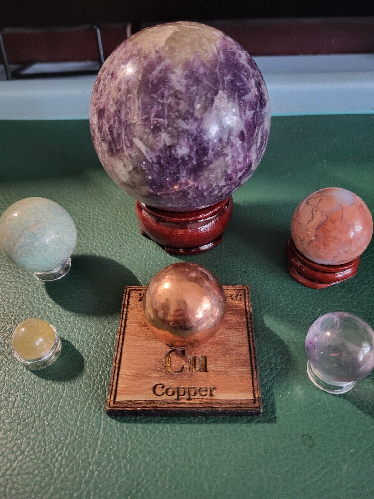 Spheres 67mm Lepidolite Copper 29mm Pink Aragonite 29mm Amethyst 21mm Rutile Qtz