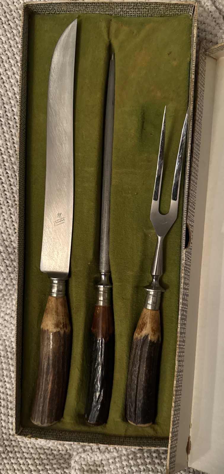 J.A. Henckels Vintage Solingen 3pc Stag Carving Set Knife Fork Steel