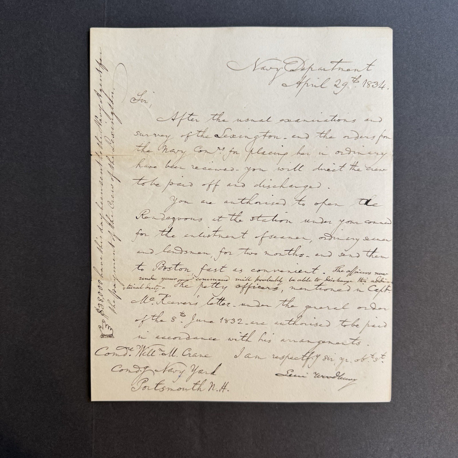 1834 Levi Woodbury Signed Navy Letter - USS Lexington Crew Discharge - Wm Crane