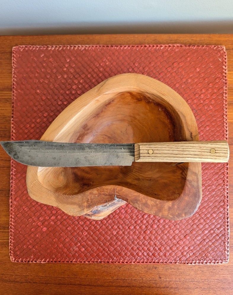 1960s Forgecraft Hi-Carbon Steel Butcher Knife Wood Handle Full Tang 7in Blade