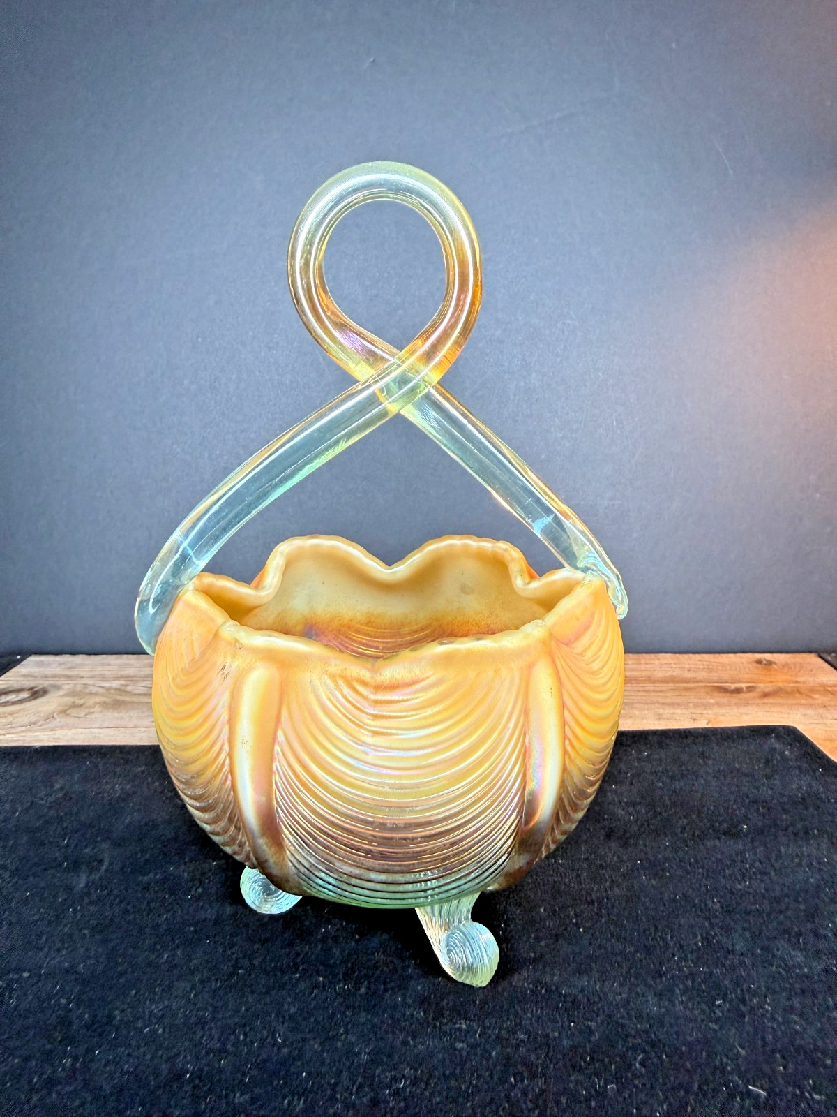 Fenton for LeVay Fenton Aqua Opalescent Carnival Drapery Basket LE 200
