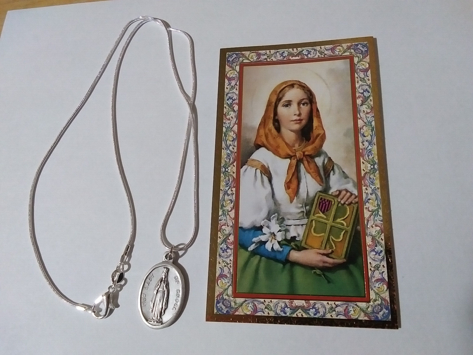 Italian Silver St Dymphna Medal Necklace 925 Sterling Chain  + prayer card
