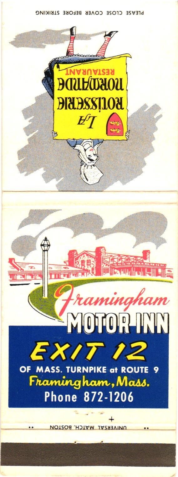 Framingham Motor Inn La Rotisserie Normande MA Vintage Matchbook 1960s-70s