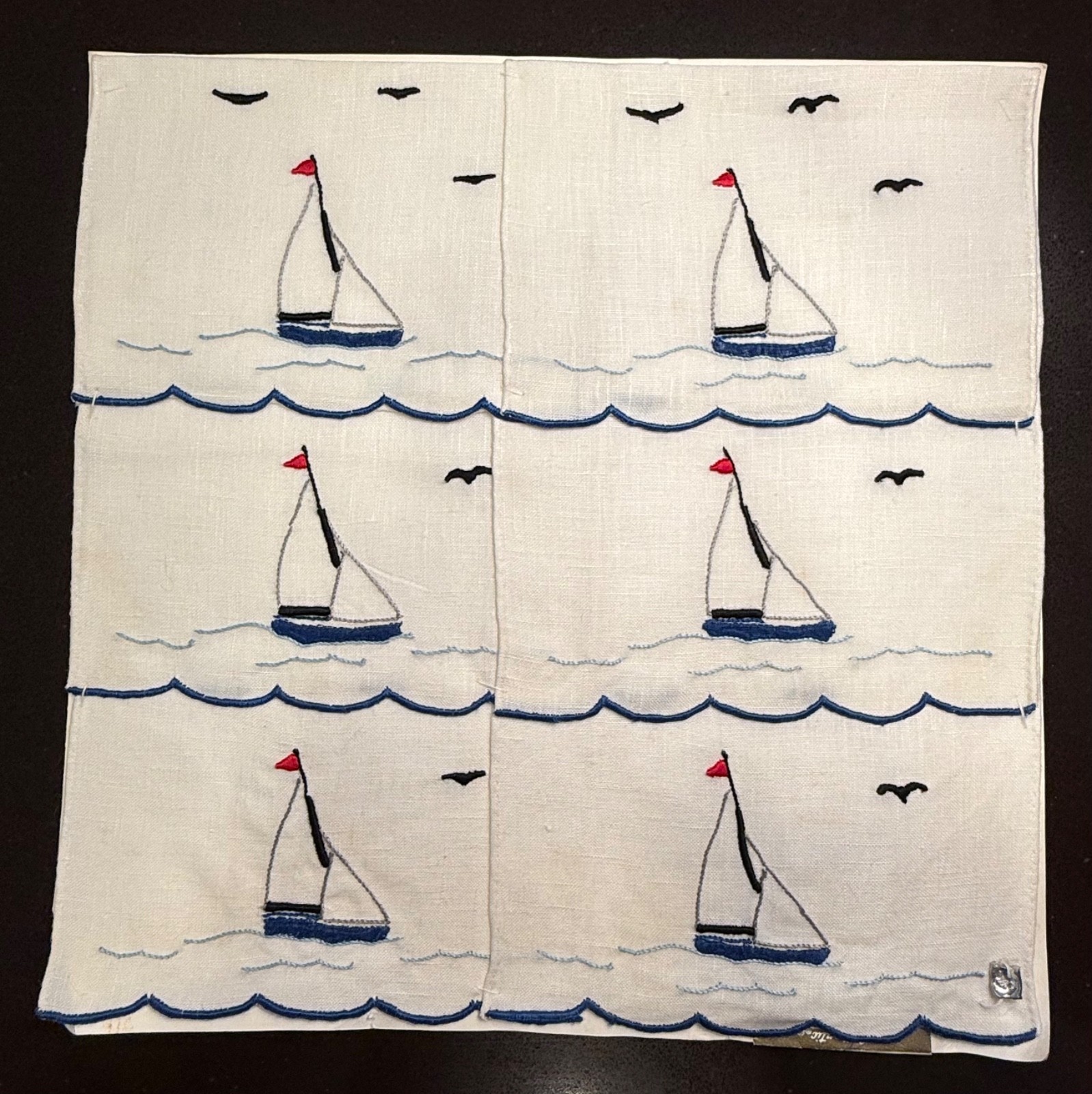 Vintage Embroidered Madeira Linen “Sail the Seas” Cocktail Napkins, Set/6
