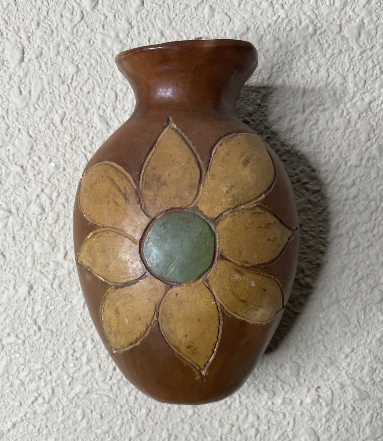 Handmade Pottery from Peru Brown Wall Vase 6.5 in H X 4 in W