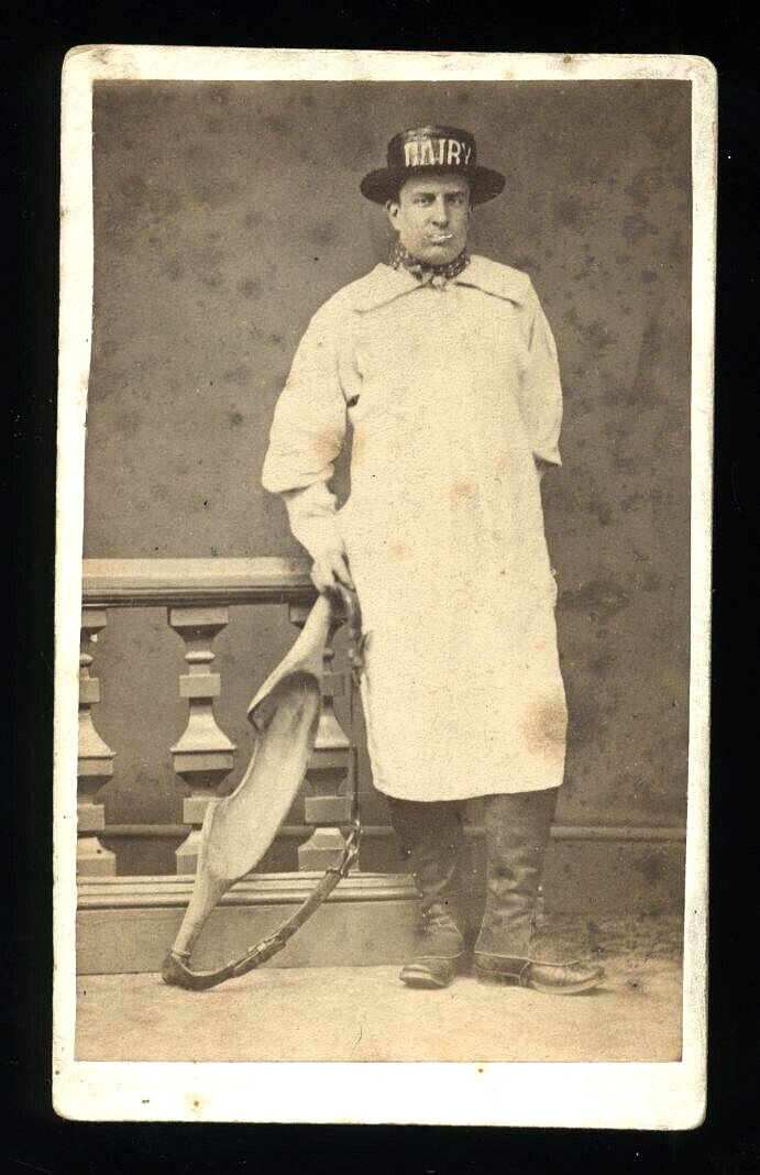 1876 Dairy Farm Worker Holding Shoulder Yoke Antique CDV Occupational Photo