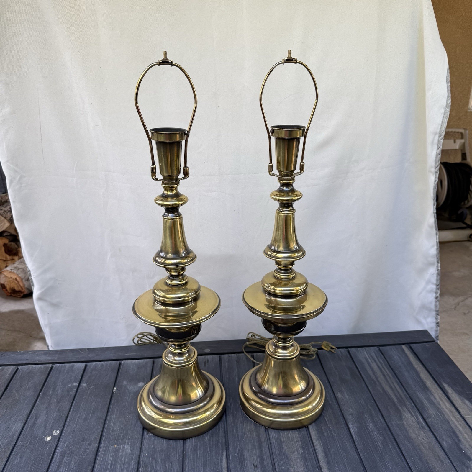 Pair Vtg Wescal Solid Brass Table Lamps Mid Century Modern Hollywood Regency 29” Pair Vtg Wescal Solid Brass Table Lamps Mid Century Modern Hollywood Regency 29”