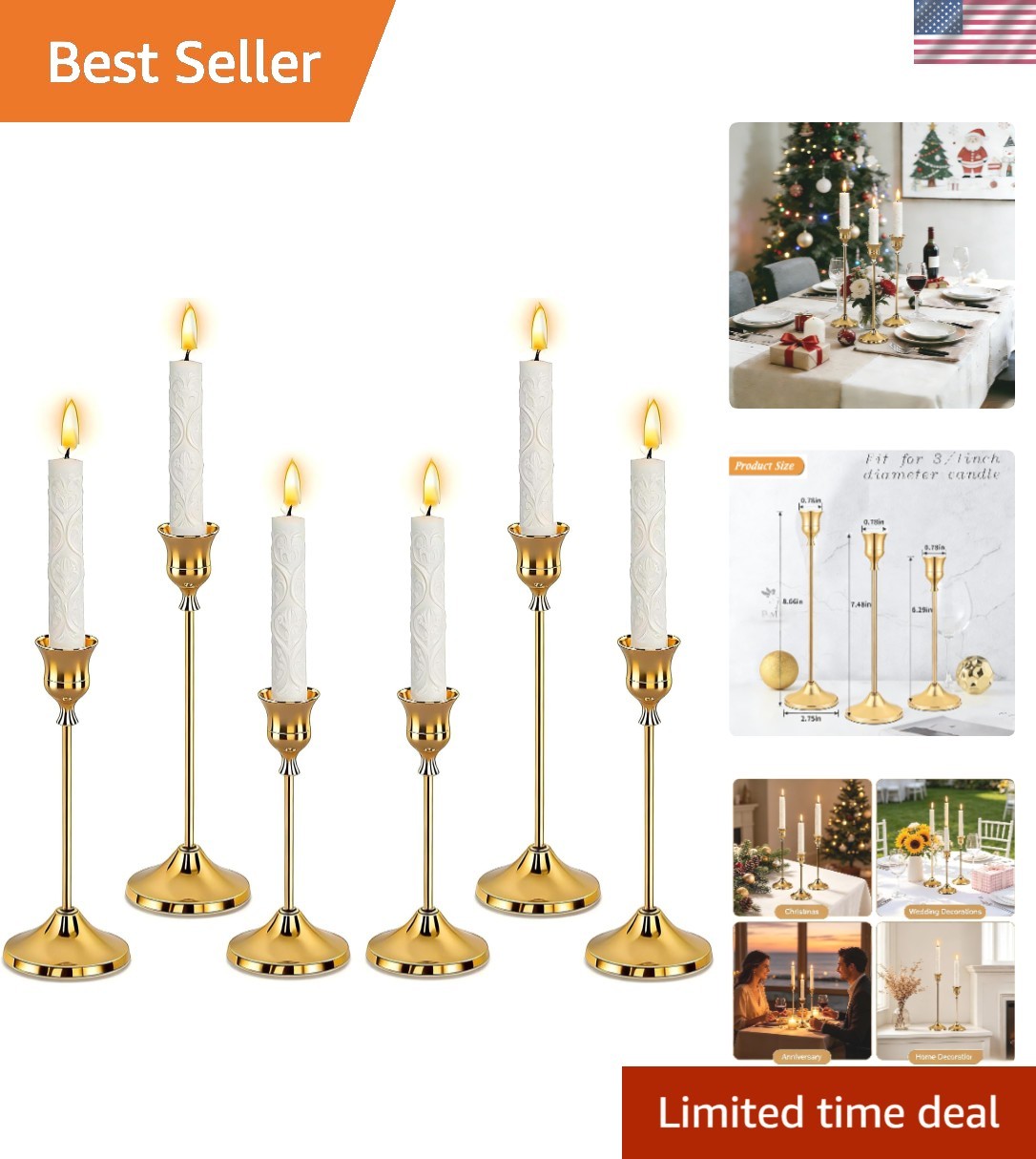 Gold Candlestick Holders, Taper Candle Holders, Set of 6, Metal Taper Candle ... Gold Candlestick Holders, Taper Candle Holders, Set of 6, Metal Taper Candle ...