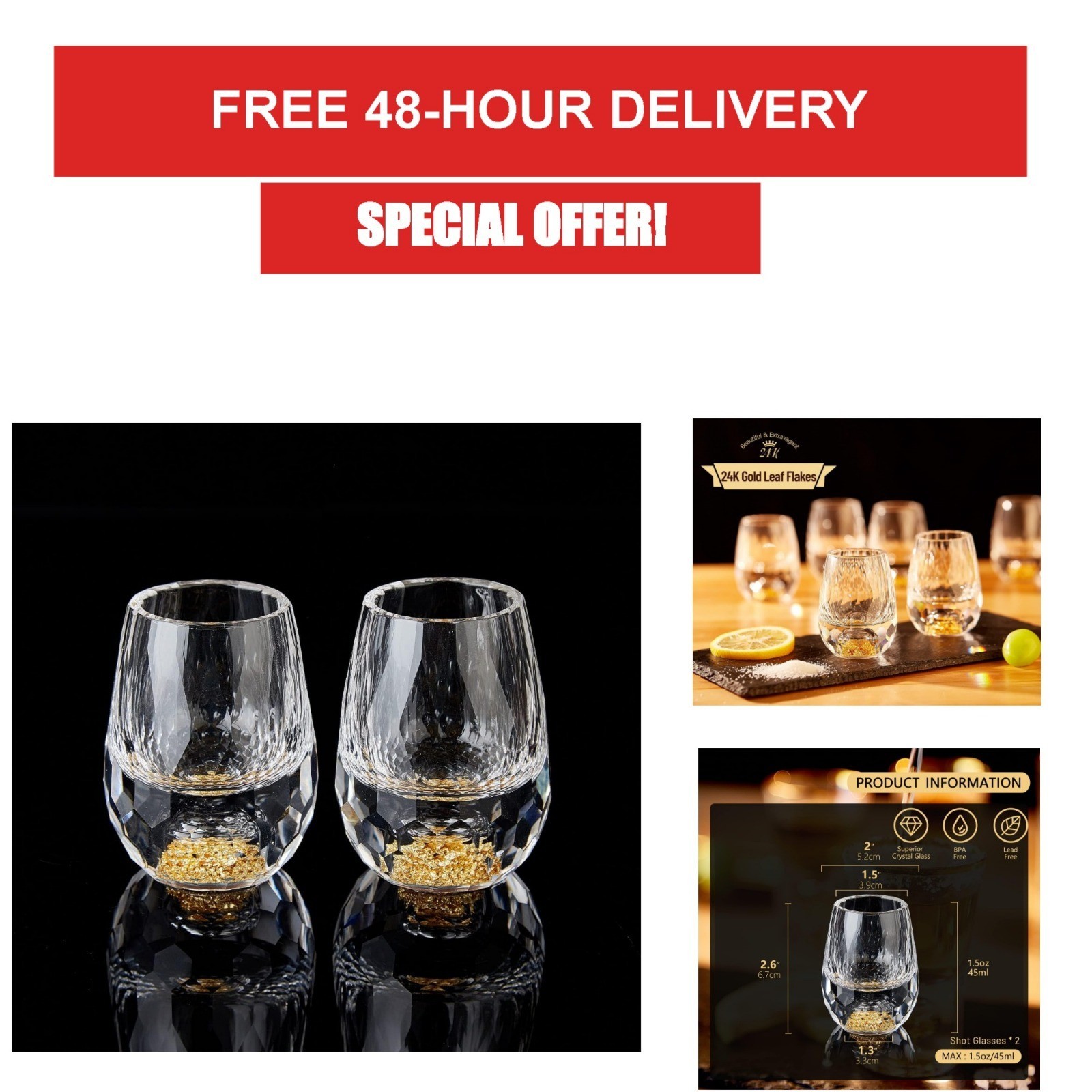 DUJUST Diamond Shot Glasses Set - 24K Gold Leaf Flakes - 2 pcs