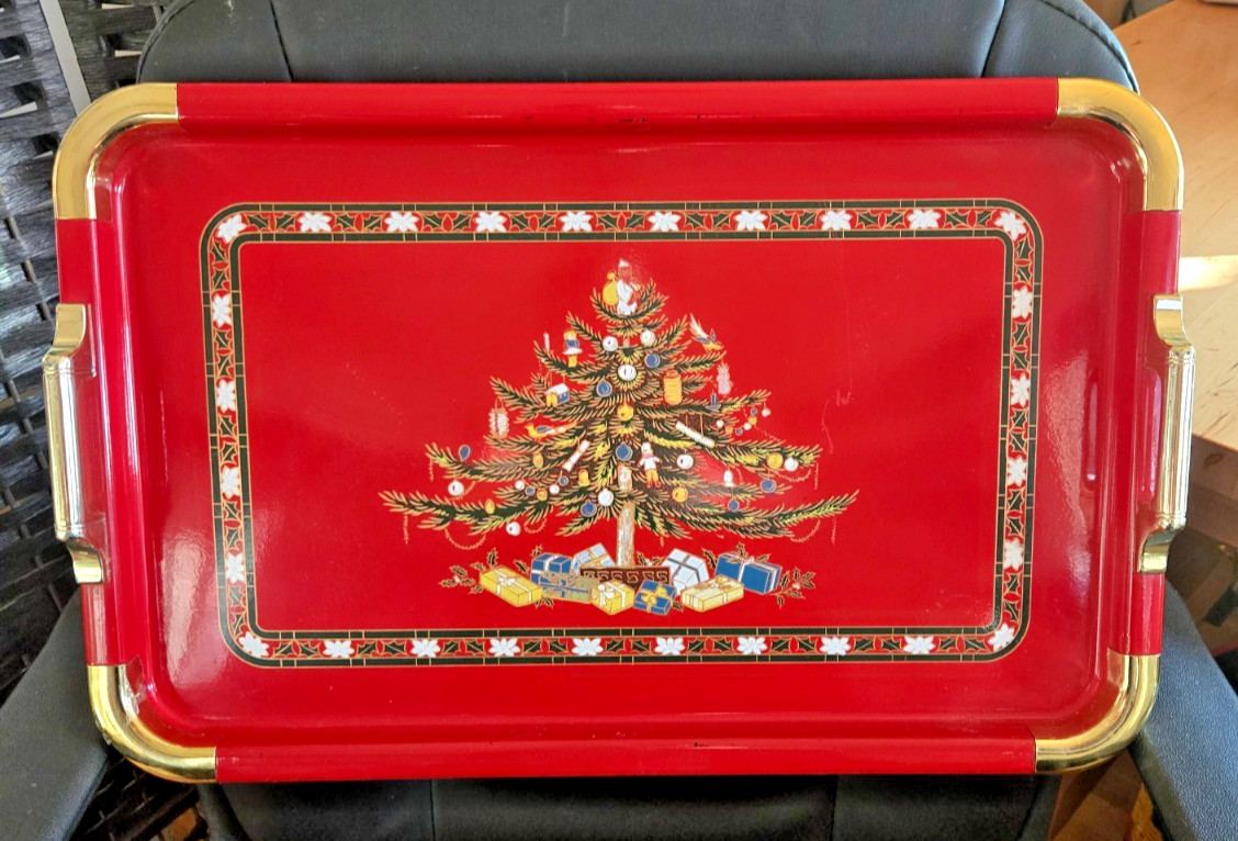Vtg Red Laquerware Christmas Serving Tray Hand Painted Japan 19x12in.