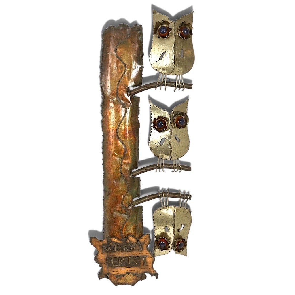 Vintage 1976 Enesco Brutalist Metal Owl Wall Sculpture Nobodys Perfect