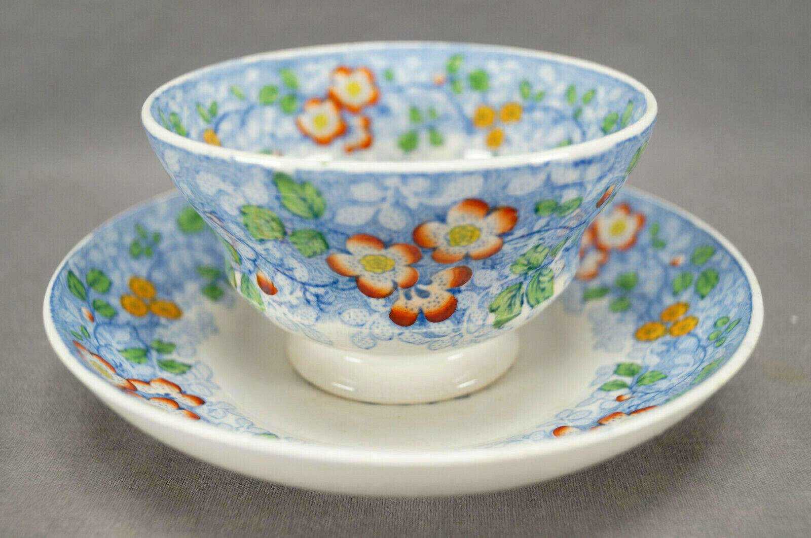 Ridgway 629 Hand Colored Floral Blue Transferware Tea Bowl & Saucer C. 1838-45 C
