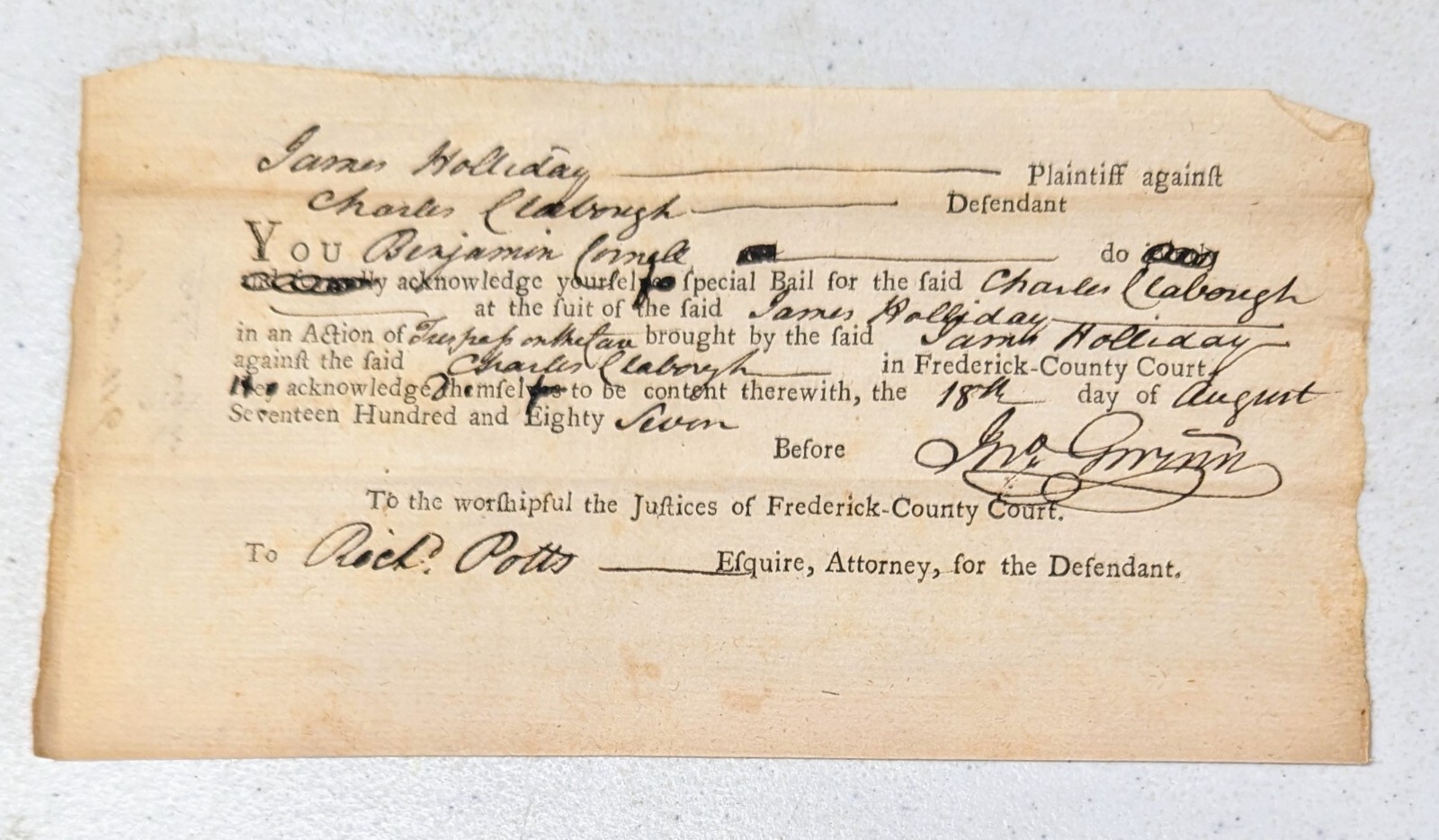 1787 Frederick County, MD Summons to Appear in Court, James Holliday, Charles Cl