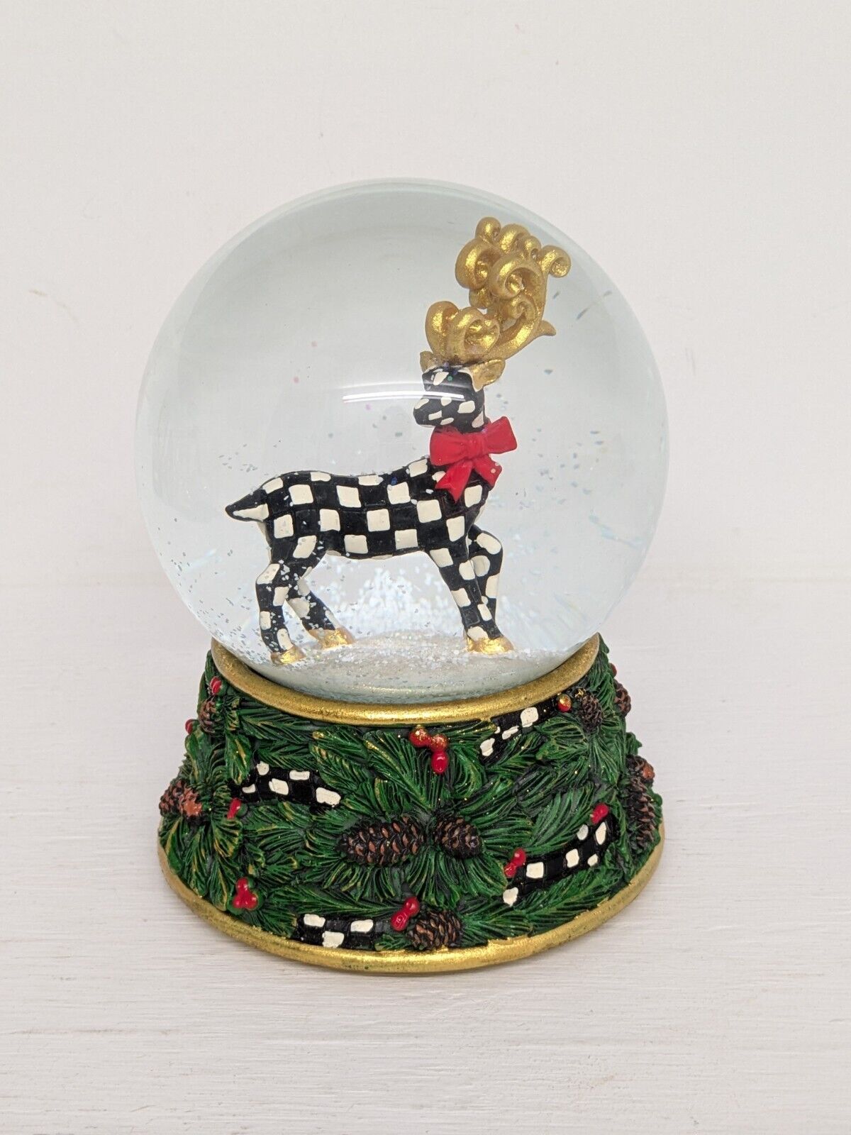 MacKenzie Childs Westminister Deer Checkered Christmas Musical Snow Globe 