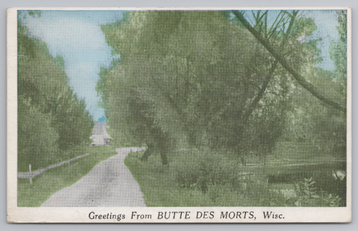 1924 Greetings Butte des Morts, WI Scenic Road & Trees Vintage Postcard