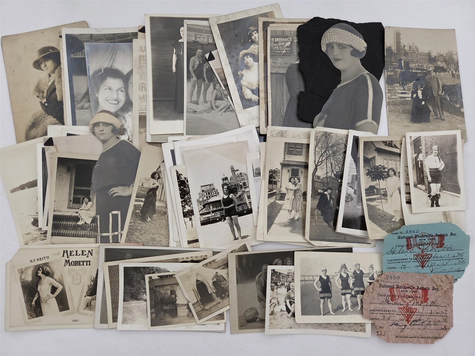 1920s-30s vintage HELEN MORETTI VAUDEVILLE ESTATE 56pc PHOTO LOT & NVA RECEIPTS