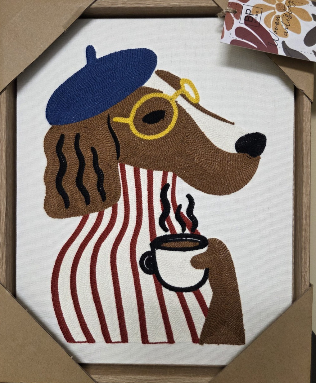 DACHSHUND w/Beret Glasses and Latte Textile Art Wall Hanging 14.5\