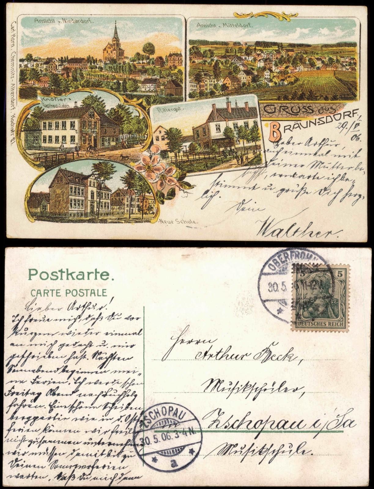 Litho postcard Bräunsdorf-Limbach Oberfrohna manor inn school greeting from 1906 Litho postcard Bräunsdorf-Limbach Oberfrohna manor inn school greeting from 1906